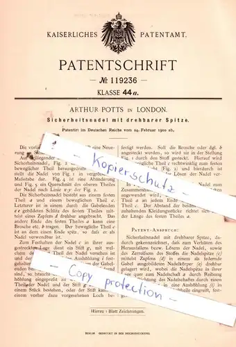 original Patent - Arthur Potts in London , 1900 , Sicherheitsnadel mit Spitze !!!