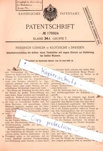 original Patent - F. Geissler in Klotzsche b. Dresden , 1905 , Abschlußvorrichtung für Kaffee- und Teetrichter !!!