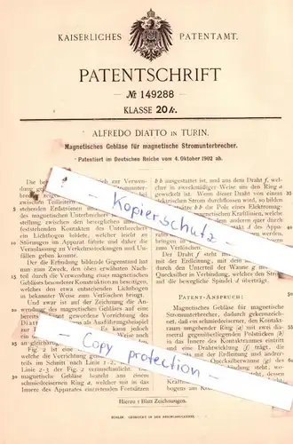 original Patent - Alfredo Diatto in Turin , 1902 , Magnetisches Gebläse für Stromunterbrecher !!!