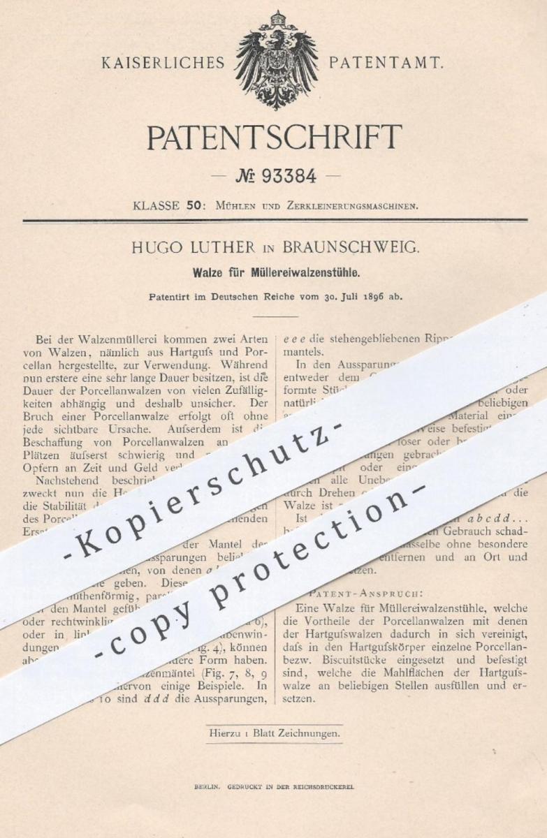 original Patent - Hugo Luther , Braunschweig , 1896 , Walze für ...