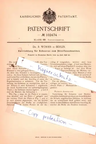 original Patent -  Dr. R. Worms in Berlin , 1898 , Vorrichtung der Scheeren zum Streifenschneiden !!!