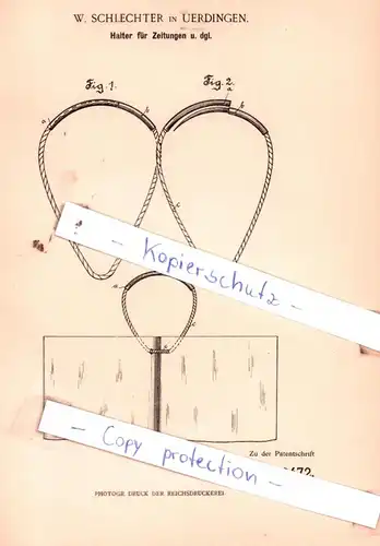 original Patent - W. Schlechter in Uerdingen , 1898 , Halter für Zeitungen u. dgl. !!!