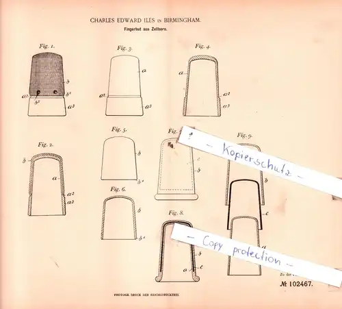 original Patent - Charles Edward Iles in Birmingham , 1898 , Fingerhut aus Zellhorn !!!