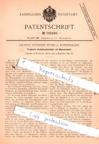 original Patent - Lauritz Petersen Hviid in Kopenhagen , 1897 , Tragbarer Acetylenentwickler mit Wasserbeutel !!!