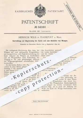 original Patent - Heinrich Welb , Frankfurt / Main , 1890 , Feststellen von Waagen | Waage , Waagebalken , Wiegen !!