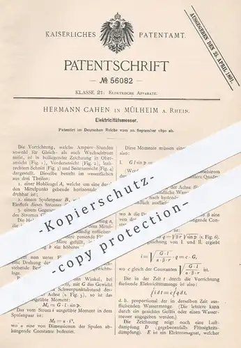 original Patent - Hermann Cahen , Mülheim / Rhein  1890 , Elektrizitätsmesser | Messen von Strom , Ampère , Elektrizität