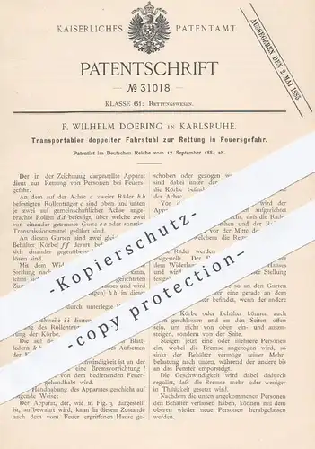 original Patent - F. Wilhelm Doering , Karlsruhe , 1884 , Transportabler Fahrstuhl , Aufzug zur Rettung | Feuerwehr !!