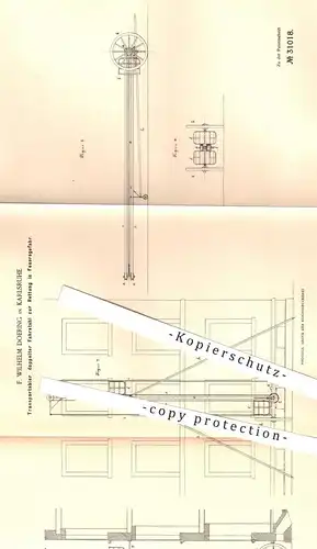 original Patent - F. Wilhelm Doering , Karlsruhe , 1884 , Transportabler Fahrstuhl , Aufzug zur Rettung | Feuerwehr !!