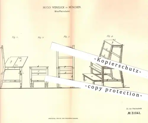 original Patent - Hugo Wenzlick , München , 1884 , Staffelstuhl | Stuhl , Stühle , Leiter , Fußbank , Bank , Möbel !!!