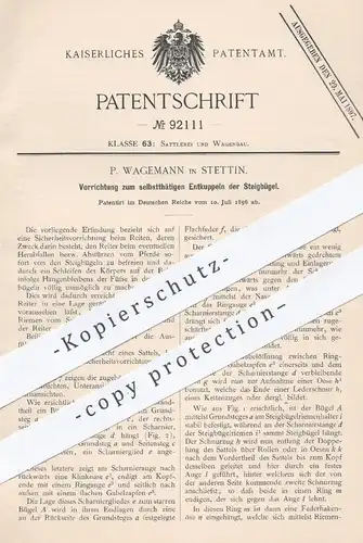 original Patent - P. Wagemann , Stettin  1896 , Entkupplen der Steigbügel beim Reiten | Pferdegeschirr , Pferde , Reiter