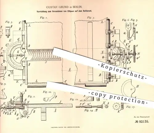 original Patent - Gustav Grund , Berlin , 1896 , Verzeichnen von Ellipsen auf dem Reißbrett | Zeichnen , Bauzeichner !!!