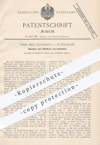 original Patent - F. Emil Jagenberg , Düsseldorf , 1896 , Etikettieren von Schachteln | Etiketten , Papier , Aufkleber !