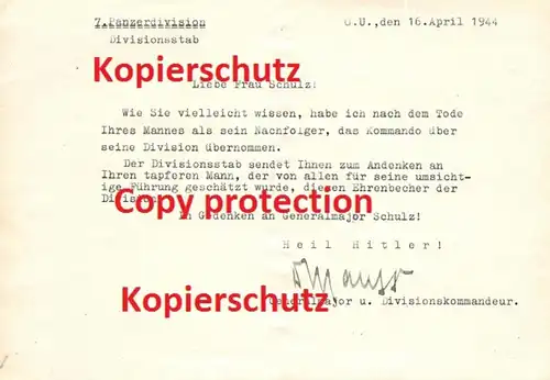 Brief von Generalmajor Karl Mauss an Witwe , 1944 , 7. Panzerdivision , Panzer , Autograph !!!