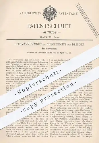 original Patent - Herrmann Demnitz , Niedersedlitz / Dresden , 1894 , Seil - Rutschbahn | Seilbahn , Sport , Bahn !!!