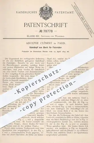 original Patent - Adolphe Clément in Paris , 1894 , Gabelkopf aus Blech für Fahrräder | Fahrrad , Fahrradgabel , Rad !!