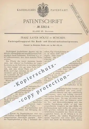 original Patent - Franz Xaver Hölzle , München , 1885 , Farbregulierer für Buch- u. Steindruckschnellpressen | Pressen !