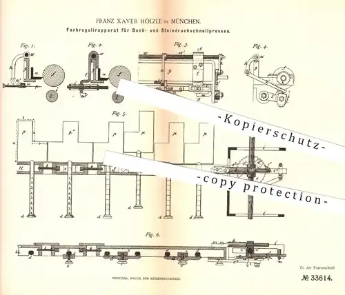 original Patent - Franz Xaver Hölzle , München , 1885 , Farbregulierer für Buch- u. Steindruckschnellpressen | Pressen !