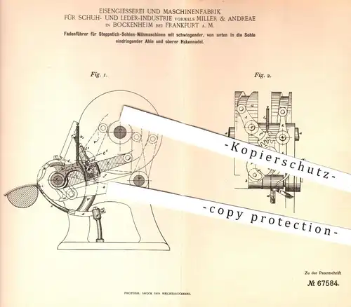 original Patent - Eisengießerei & Maschinenfabrik für Schuh u. Leder | Miller & Andreae , Bockenheim 1892 , Fadenführer