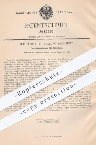 original Patent - Rud. Sempell , Duisburg Hochfeld , 1892 , Feststellvorrichtung für Fahrräder | Fahrrad - Schloss !!!