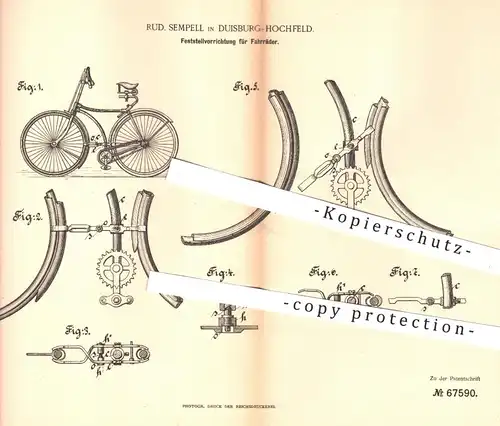original Patent - Rud. Sempell , Duisburg Hochfeld , 1892 , Feststellvorrichtung für Fahrräder | Fahrrad - Schloss !!!