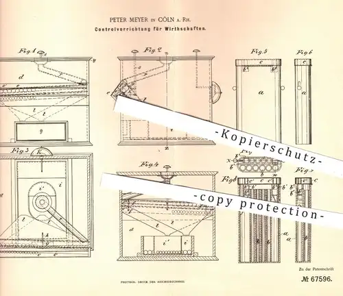 original Patent - Peter Meyer , Köln / Rhein , 1892 , Kontrollvorrichtung für Wirtschaften , Kellner , Gastronomie !!!