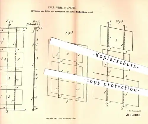 original Patent - Paul Wehr , Kassel , 1901 , Halten u. Auswechseln von Karten , Fotos , Musterstücken | Rahmen !!!