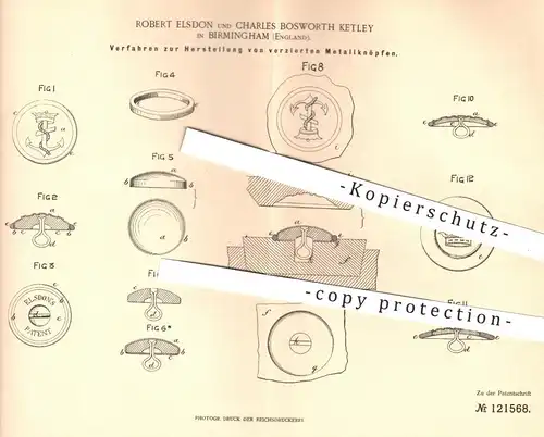 original Patent - Robert Elsdon , Charles Bosworth Ketley , Birmingham England , 1900 , verzierte Metallknöpfe | Knopf !