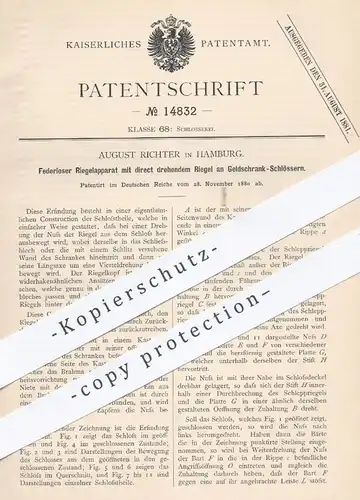 original Patent - August Richter , Hamburg , 1880 , Riegel am Geldschrank - Schloss | Schlösser , Tresor , Schlosser !!!
