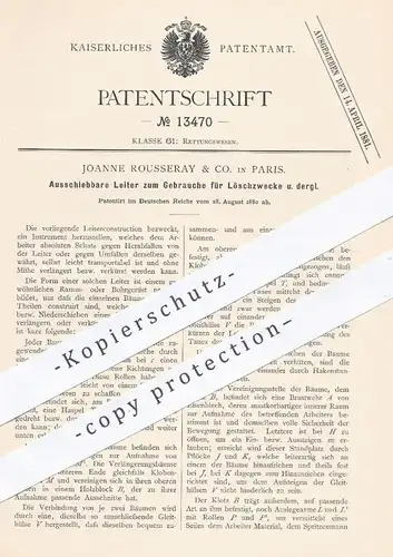 original Patent - Joanne Rousseray & Co. , Paris , 1880 , Ausschiebbare Leiter für Feuerwehr | Feuerwehrmann , Leitern !