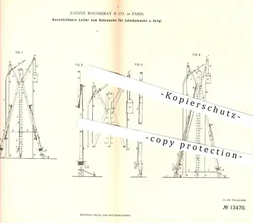 original Patent - Joanne Rousseray & Co. , Paris , 1880 , Ausschiebbare Leiter für Feuerwehr | Feuerwehrmann , Leitern !