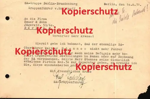 Brief von Gruppenführer v. Helldorff an J.P. Sauer & Sohn , Berlin , 1931, Pistole Mod. 30 , W. Stennes - SA , Autograph