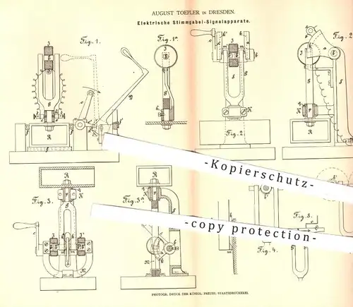 original Patent - Aug. Toepler , Dresden 1878 , Elektrische Stimmgabel - Signalapparate | Stimmgabeln , Musikinstrument
