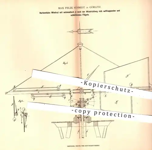 original Patent - Max Felix Schmidt in Görlitz , 1880 , Horizontales Windrad mit Flügel | Windräder , Windkraft , Wind !