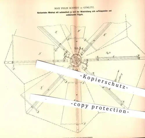 original Patent - Max Felix Schmidt in Görlitz , 1880 , Horizontales Windrad mit Flügel | Windräder , Windkraft , Wind !