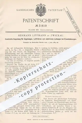 original Patent - Hermann Lippmann in Zwickau , 1884 , Kupplung für Zugstangen , Luftröhren u. Leitungen an Eisenbahnen