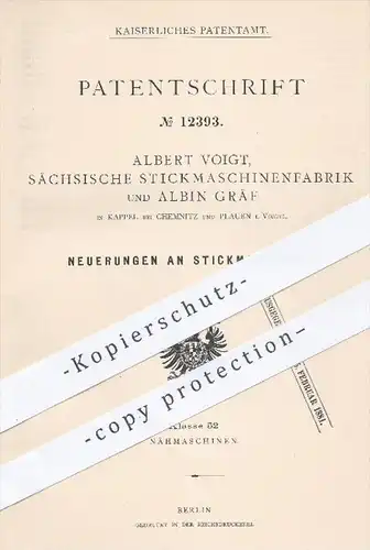 original Patent - A. Voigt , Sächsische Stickmaschinenfabrik , Albin Gräf , Kappel Chemnitz Plauen  1880 , Stickmaschine