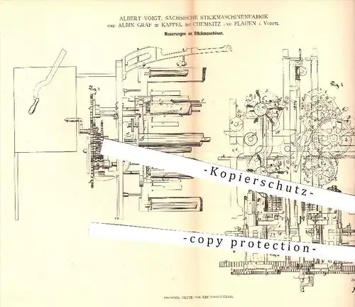 original Patent - A. Voigt , Sächsische Stickmaschinenfabrik , Albin Gräf , Kappel Chemnitz Plauen  1880 , Stickmaschine