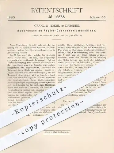 original Patent - Grahl & Hoehl , Dresden , 1880 , Papier - Querschneidmaschine | Schneidmaschine , Papierfabrik , Pappe