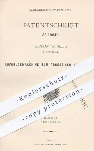 original Patent - Gustav W. Seitz in Wandsbeck , 1880 , Adressieren von Briefen | Brief , Briefe , Post , Druckerei !!!