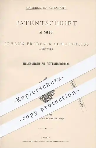 original Patent - Joh. Frederik Schultheiss , New York , 1878 , Rettungsboot , Rettungsboote | Boot , Boote , Schiffe !!