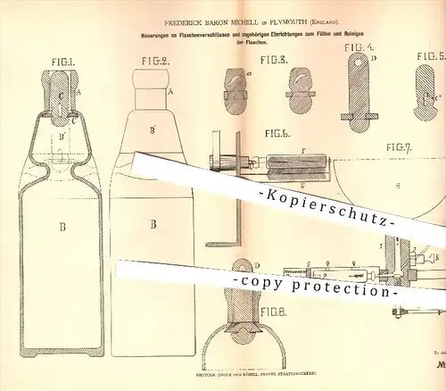original Patent - Frederick Baron Michell , Plymouth England 1878 , Flaschenverschluss , Füllen u. Reinigen von Flaschen