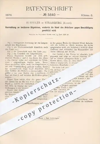 original Patent - H. Haller in Strassburg , Elsass , 1878 , Schutz an beheizbaren Bügeleisen | Bügeln , Heizen , Kohlen