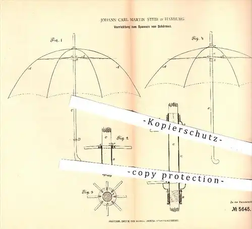 original Patent - Johann Carl Martin Steib , Hamburg , 1878 , Schirm spannen | Regenschirm , Sonnenschirm , Schirme !!!