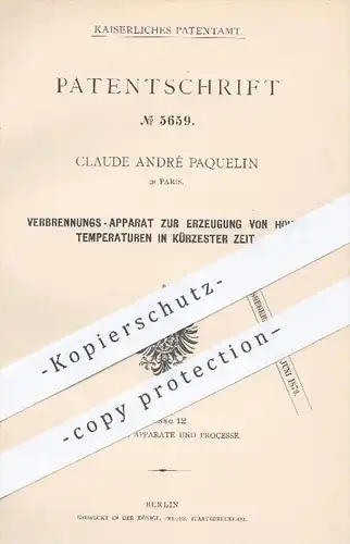 original Patent - Claude André Paquelin , Paris , 1877 , Apparat zur Verbrennung zur Erzeugung von hohen Temperaturen !!