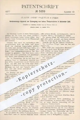 original Patent - Claude André Paquelin , Paris , 1877 , Apparat zur Verbrennung zur Erzeugung von hohen Temperaturen !!