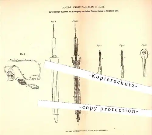 original Patent - Claude André Paquelin , Paris , 1877 , Apparat zur Verbrennung zur Erzeugung von hohen Temperaturen !!