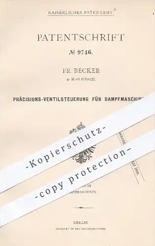 original Patent - Fr. Becker in Mönchengladbach , 1879 , Präzisions - Ventilsteuerung für Dampfmaschinen | Steuerung !!