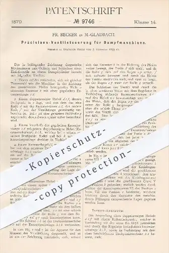 original Patent - Fr. Becker in Mönchengladbach , 1879 , Präzisions - Ventilsteuerung für Dampfmaschinen | Steuerung !!