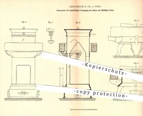 original Patent - Kerschbaum & Co. , Paris , 1879 , Gasbrenner mit Erzeugung von Gas aus Öl | Brenner , Gas !!!