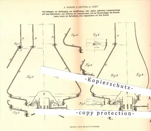 original Patent - A. Boehm & Brüder , Wien , 1879 , Befestigung vom Lampenschirm | Lampe , Lampen , Beleuchtung !!!